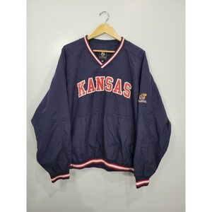 Vtg Gear For Sports Kansas Jayhawks Mens 3XL Navy Blue V-Neck Nylon Windbreaker